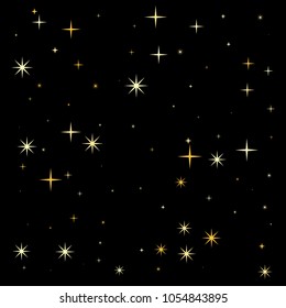 night stars pattern vector background. magic shining Flying stars on night sky cosmic backdrop, sparkle space. christmas gold sparkles confetti falling, tinsel backdrop