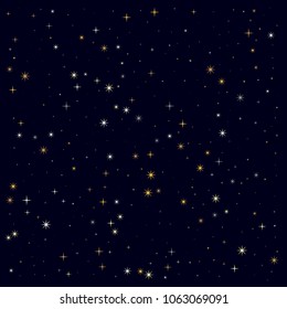 night stars pattern vector background. magic shining Flying stars on night sky cosmic backdrop, sparkle space. christmas gold sparkles confetti falling, tinsel backdrop