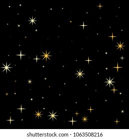 night stars pattern vector background. magic shining Flying stars on night sky cosmic backdrop, sparkle space. christmas gold sparkles confetti falling, tinsel backdrop