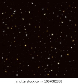 night stars pattern vector background. magic shining Flying stars on night sky cosmic backdrop, sparkle space. christmas gold sparkles confetti falling, tinsel backdrop