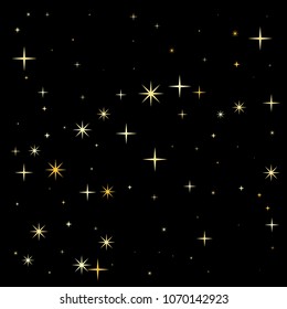 night stars pattern vector background. magic shining Flying stars on night sky cosmic backdrop, sparkle space. christmas gold sparkles confetti falling, tinsel backdrop