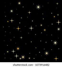 night stars pattern vector background. magic shining Flying stars on night sky cosmic backdrop, sparkle space. christmas gold sparkles confetti falling, tinsel backdrop