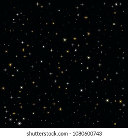 night stars pattern vector background. magic shining Flying stars on night sky cosmic backdrop, sparkle space. christmas gold sparkles confetti falling, tinsel backdrop