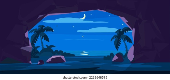 Night stone cave entrance with moon, water and palms silhouettes outside flat style, vector illustration. Nature landscape, decoration for game design, tropical scenery