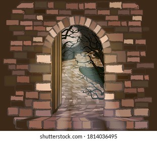 Night stone road under the moon. Halloween card, vector illustration