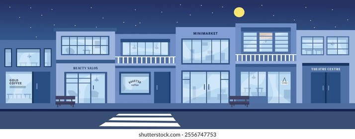 Night store illustration. Cafe building in the night time. Minimarket building. Beauty salon. Theatre center. shop, outlet, department store, market, supermarket, mart, emporium, chain store.