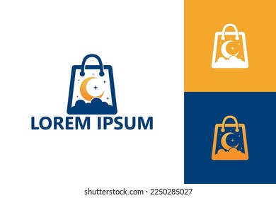 Night store, moon and shopping bag logo template design vector