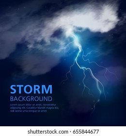 Night storm background in blue white tones with accumulation of illuminated clouds flash of lightning vector illustration