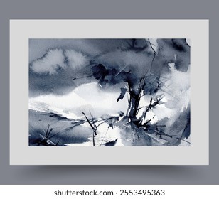 Night storm breaking tree with flying branches, located on hill under dark sky with clouds. Trendy surrealistic poster with storm damaging nature and destroying forests with rare weak plants