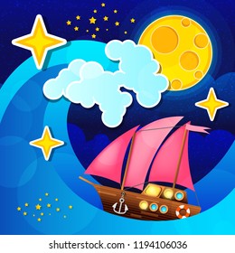 Night storm waves and wind a sailing ship on the sea. Vector illustration.