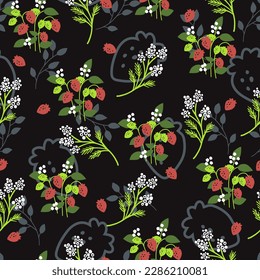 Night Strawberries Plant Floral Farm Garden Vector Seamless Pattern can be use for background and apparel design