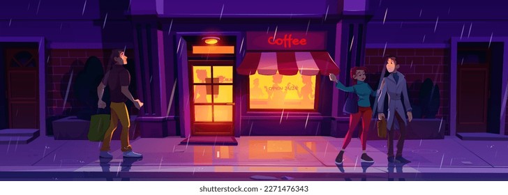 Night street bar in rain and man go to entrance cartoon background. People silhouette discussion tea near table and relax. Cafe exterior in evening illustration. Outside cafeteria storefront design.