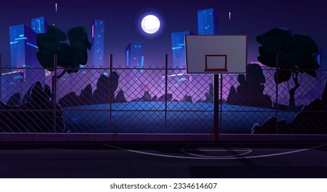 Night street basketball court cartoon background. School outdoor playground stadium near dark city park with tree silhouettes and neon urban skyline illustration. Empty outside sport competition arena