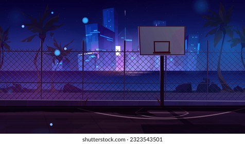 Night street basketball court and neon cityscape. Outdoor playground for basket sport game near sea shore cartoon vector background. Empty school team arena stadium on coast with skyscraper glow view