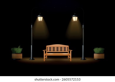 Night street bench. Realistic wooden bench vintage lamppost, city evening park street walkway urban alley film scene lamp pole luminous lantern background exact vector illustration