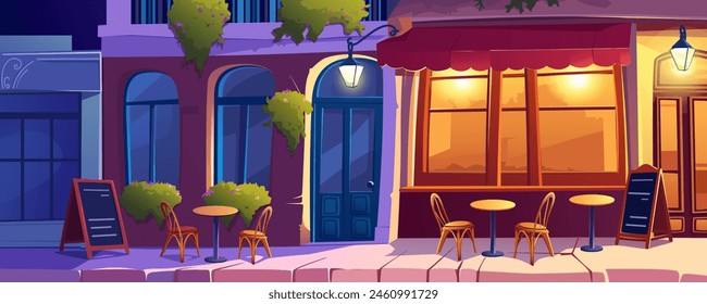 Night street cafe background banner in cartoon design. Outdoor restaurant dining area on sidewalk with tables and chairs under light lamps, storefront bistro and entrance. Vector cartoon illustration