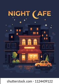 Night street cafe poster flat illustration.