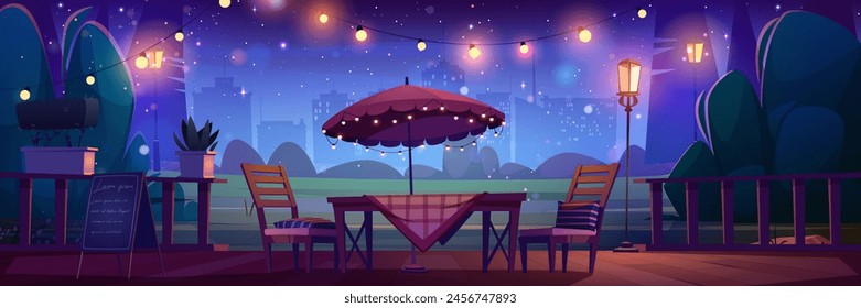 Night street cafe or restaurant in city park scene background. Outdoor patio with table, garland, umbrella and chair in evening for romantic date or celebration. Urban summer terrace with signboard