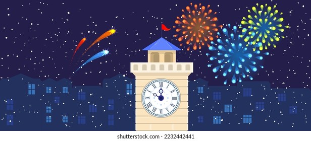 Reloj nocturno de calle, fondo de fuegos artificiales, bullicio de la ciudad, colores de círculo, brillo brillante, diseño, ilustración vectorial estilo caricatura.