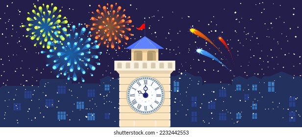 Night street clock, fireworks background, city bustle, circle colors, sparkle glitter, design, cartoon style vector illustration.
