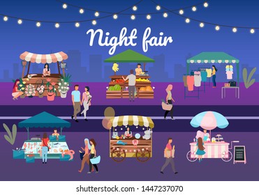 Night street fair flat vector illustration. Outdoor market stalls, summer trade tents with sellers and buyers. Flowers, farmers food and products, clothes city kiosks. Local urban shops with lettering