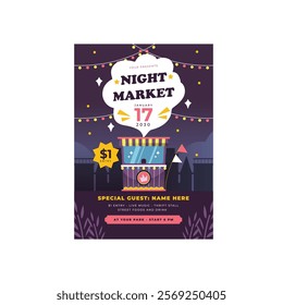 Night street fair flat vector illustration. Outdoor market stalls, summer trade tents with sellers and buyers. Flowers, farmers food and products, clothes, city kiosks. Local urban shops with letterin