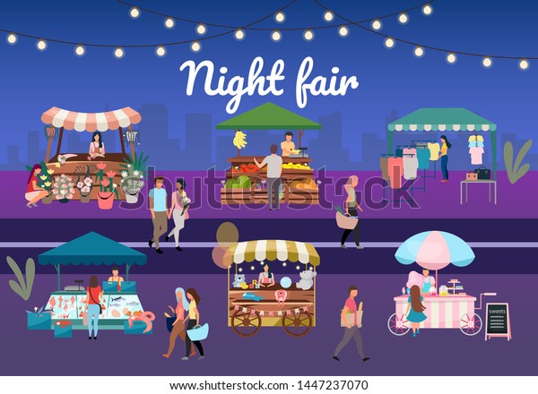 Night street fair flat vector illustration.
Outdoor market stalls, summer trade tents with sellers and buyers.
Flowers, farmers food and products, clothes city kiosks. Local
urban shops with
lettering