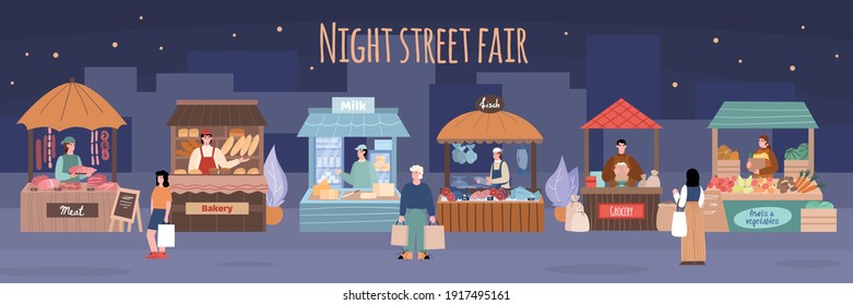 Night street fair scenery with farmers and buyers characters. Street food market booths with counters with local farm production, cartoon vector illustration.