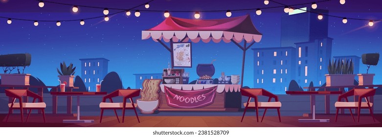 Mercado de cafeterías al aire libre de comida callejera nocturna con fideos. Espectáculo del festival de la ciudad por la noche con luz de bombilla de guirnalda. Bistrot de terraza con luces románticas y carnaval de cocina tailandesa al aire libre