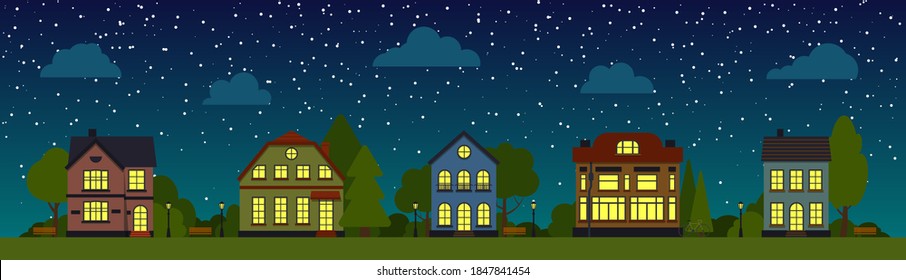Night Street with houses, trees, bush, clouds, flat cartoon panoramic horizontal banner. Urban small town landscape. City under starry sky. Suburban village neighborhood Cityscape Vector illustration