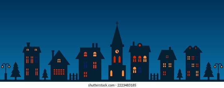 Night street in neighborhood of city. Skyline of houses in town. Panorama vector illustration.