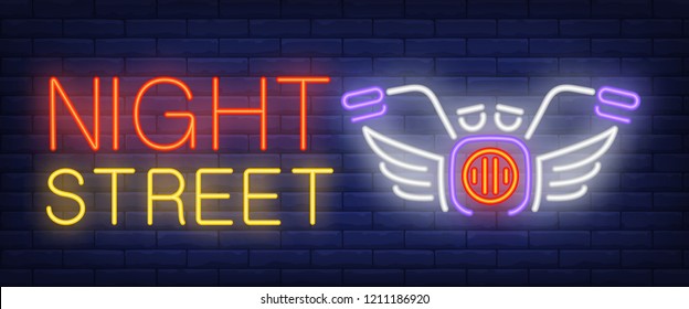 Night street neon sign. Motorcycle on brick background. Biker club, biker rally, night road. Night bright advertisement. Vector illustration in neon style for entertainment, lifestyle, transportation