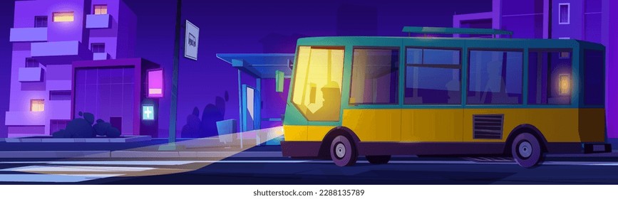 Vista nocturna de la calle parada del autobús urbano en la ilustración del vector del semáforo rojo. Viaje urbano en transporte público sobre el fondo de la escena de diseño de rutas. Arquitectura exterior del paisaje urbano de caricaturas cerca de la acera.