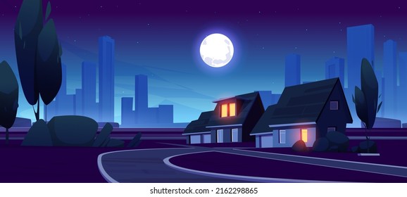 Night suburb district with houses, road and city buildings on skyline in dusk. Vector cartoon illustration of landscape of suburban street with cottages, trees, bushes and full moon