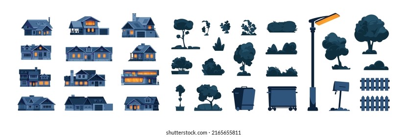 Night suburban elements. Cartoon cottage houses at night, bushes, trees, street lamps and garbage container. Vector night street constructor kit. Urban town objects in late evening