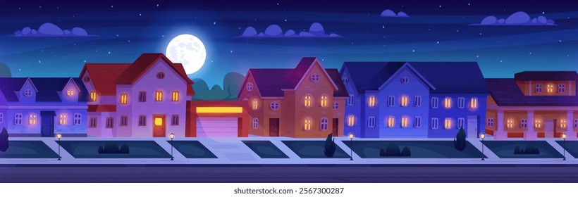 Night suburban street. Suburb neighbourhood dark evening cityscape, city village residential houses in dusk rural villa yard road home property exterior, swanky vector illustration original artwork