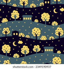 Patrón ininterrumpido de los pueblos de los suburbios nocturnos. Silhouettes de árboles y casas en la ilustración de las colinas.