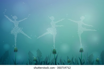 night summer ballet of dandelions, three ballerinas create from flying fluff of dandelions, summer night dance, summer fairy dream