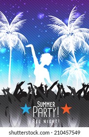 Night Summer Beach Party Flyer with Dancing People - Vector Illustration