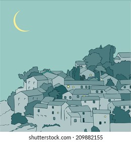 Night summer ciityscape. The narrow medieval street view with old houses in the Mediterranean town. Vector illustration. 