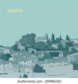 Night summer ciityscape. The narrow medieval street view with old houses in the Mediterranean town. Vector illustration. 