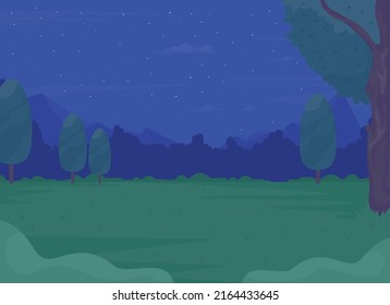 Night summer forest and old mountains flat color vector illustration. Empty green glade in wild wood. Fully editable 2D simple cartoon landscape with dark sky and hills on background