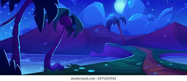 Night summer island scenery with palm trees. Vector cartoon illustration of dark tropical land with mountains, coconuts on palm trees, footpath on sea shore, moon and stars glowing in cloudy sky