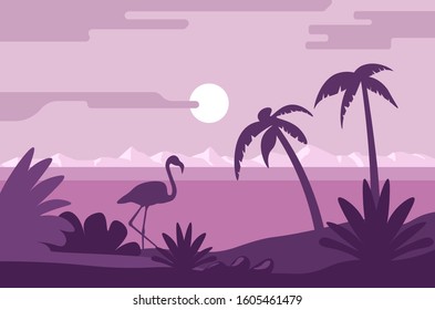 Night summer landscape, beach with flamingo and palm trees