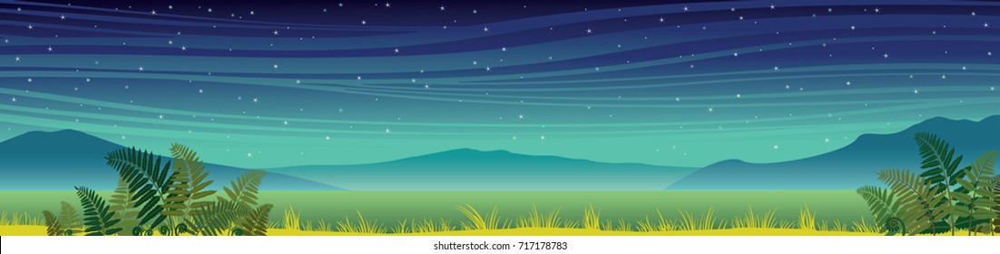 Night summer panoramic landscape. Silhouette of mountains, green grass and fern on a starry sky background. Vector nature illustration. 