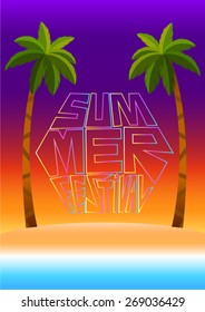 night summer party festival enjoy ,sunset sky background with beach sea palm trees poster