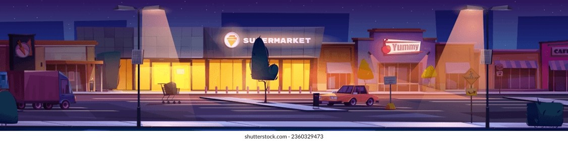 Night supermarket and autos on parking lot. Vector cartoon illustration of illuminated large shopping mall building with cafe and grocery shop entrances, car and truck in dark street, starry sky