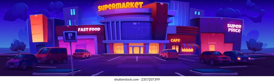 Aparcamiento exterior de supermercado nocturno con vector de señalización de neón. El tráfico de coches por la noche cerca de una tienda en la calle. Centro comercial de la ciudad con estacionamiento para vehículos al aire libre. Lugar de transporte cerca de la tienda con vistas al paisaje urbano