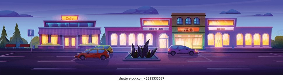 Night supermarket store building with parking exterior vector background. Front view illustration with car near retail market on street road outside scene. Modern facade of commercial estate roadside