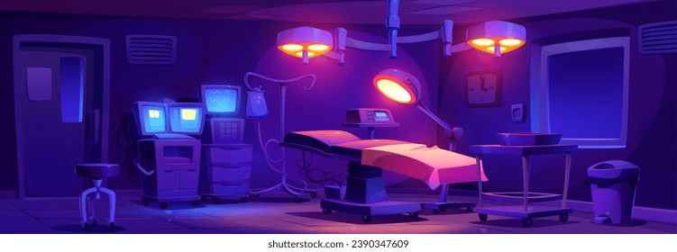 Night surgery room interior with equipment. Vector cartoon illustration of dark operating theater with medical tools and technology, patient bed, lamp light, surgeon stool, life support system monitor